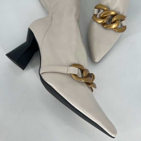 Saint G Faux Napa Slouchy Chunky Chain Link Detail Pointed Toe Heeled Calf Boots - Picture 1 of 7